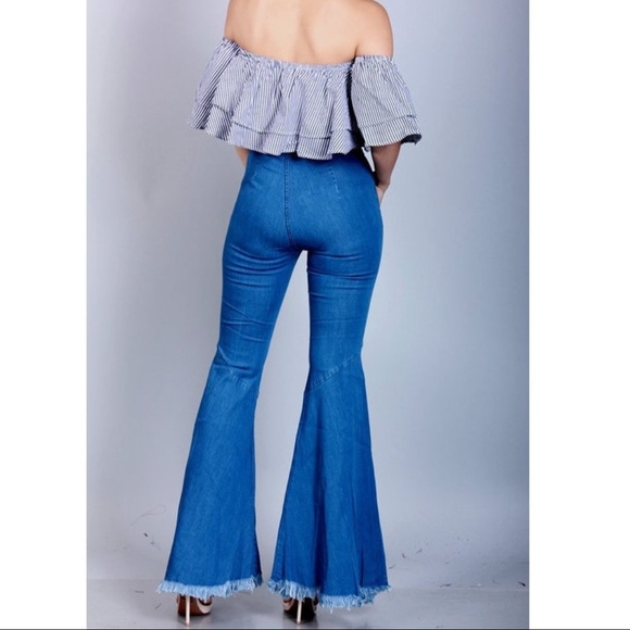 Vintage Flared Slit Bell Bottom Jeans Hippie Denim Pants - Picture 2 of 6